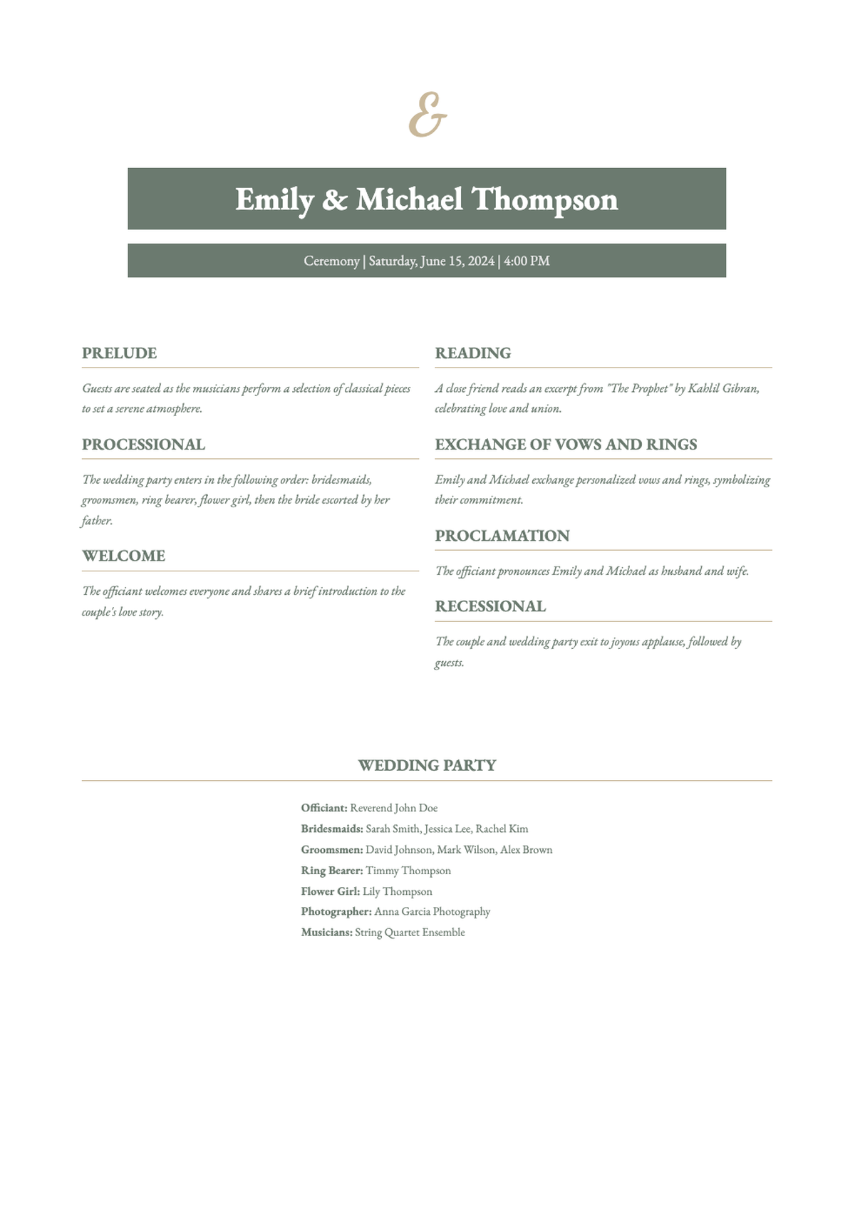 Elegant wedding ceremony program with gold accents and monogram_variant_1